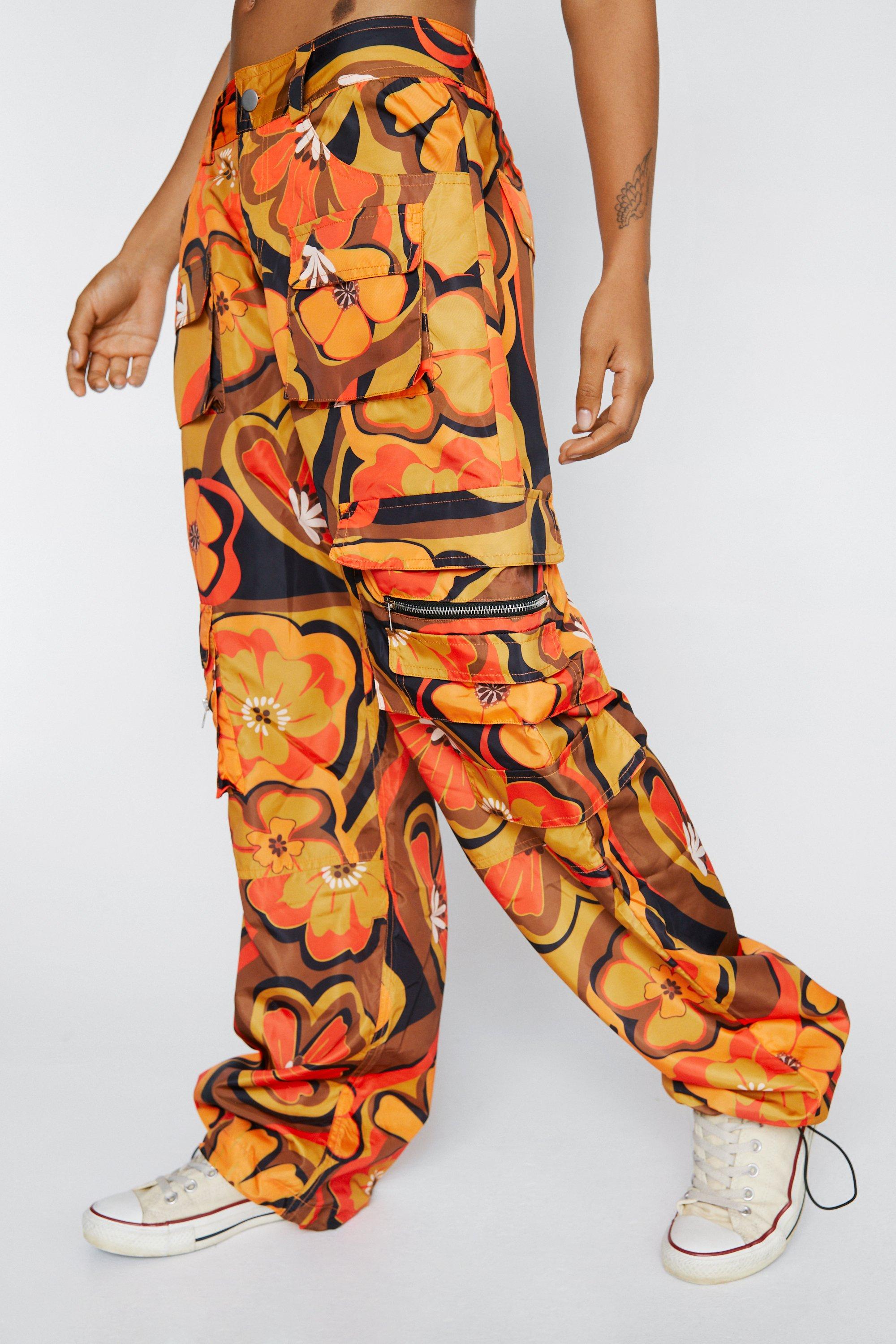 Retro Floral Print Wide Leg Cargo Pants