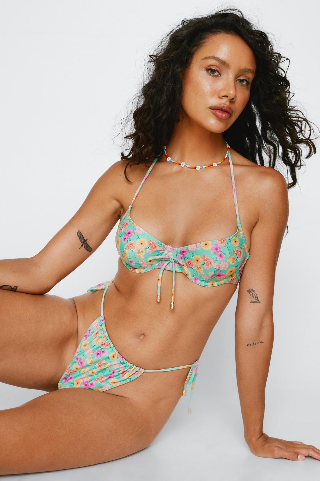 Green Recycled Floral Print Underwired Bikini Set image number 1