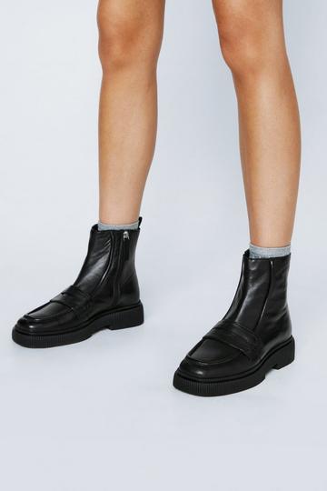 Real Leather Loafer Ankle Boots black