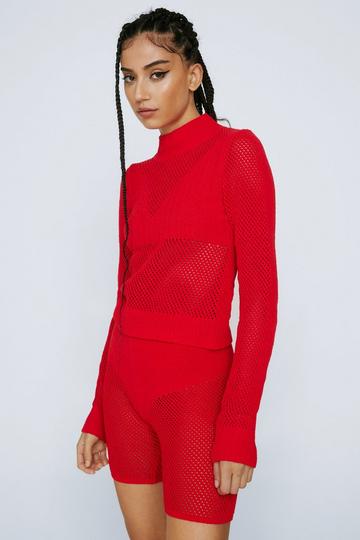 Red Premium Chenille Mesh Panelled Sweater