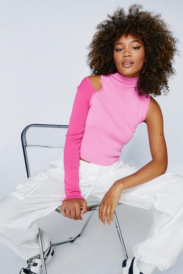 Pink Premium Contrast Sleeve Cut Out Jumper