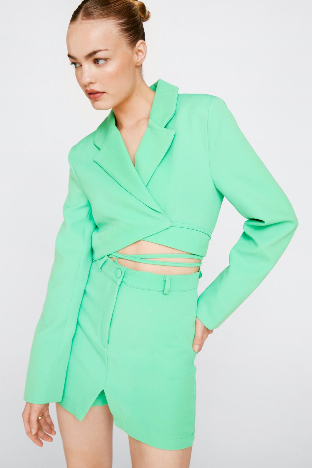 Green Cropped Tie Waist Blazer And Shorts Suit image number 1