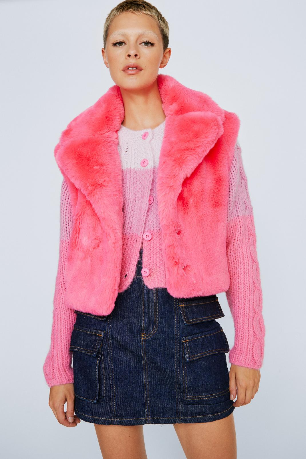 Pink Plush Fur Cropped Puffer Vest image number 1