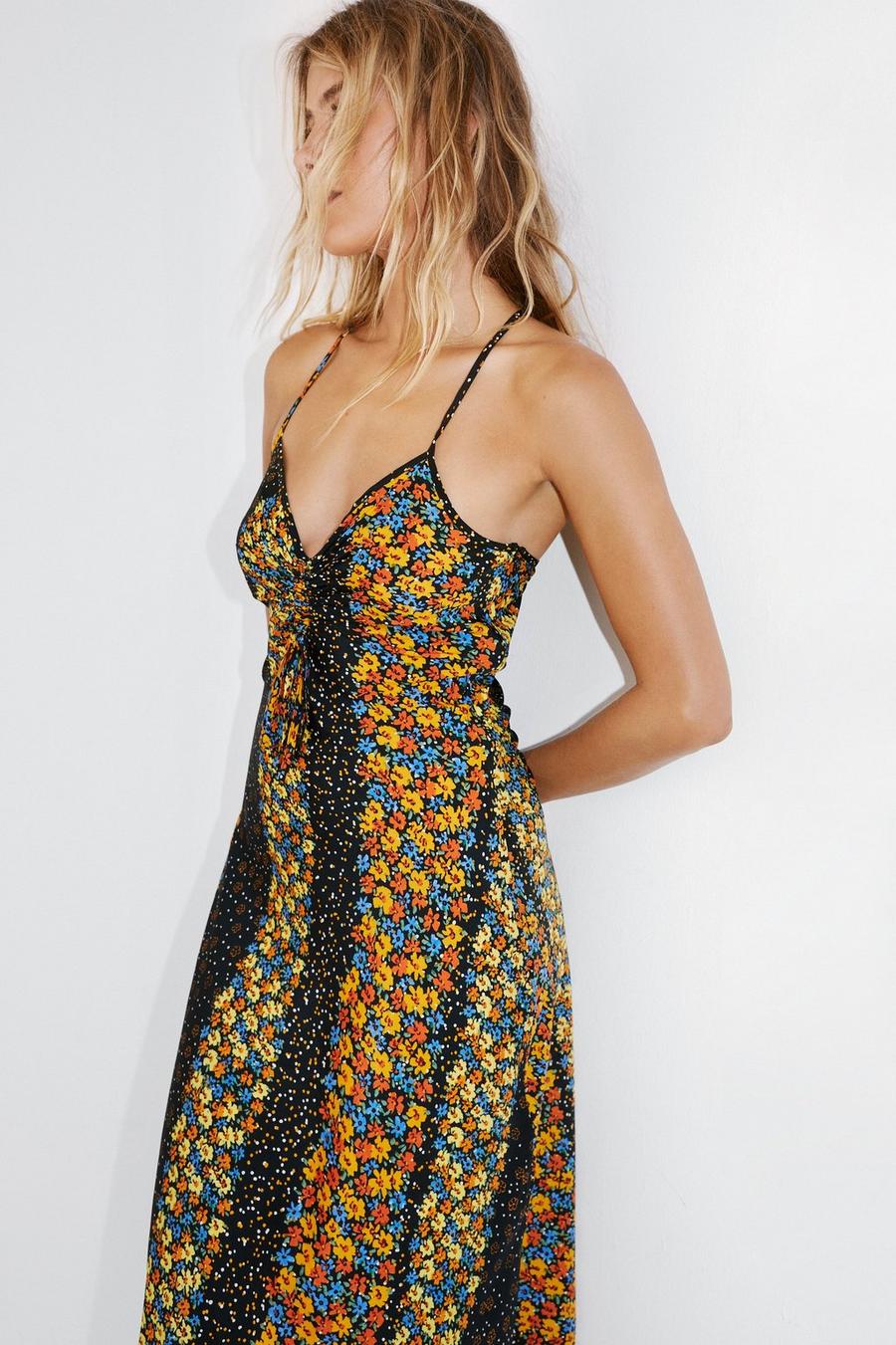 Mixed Floral Print Ruched Slip Cami Dress