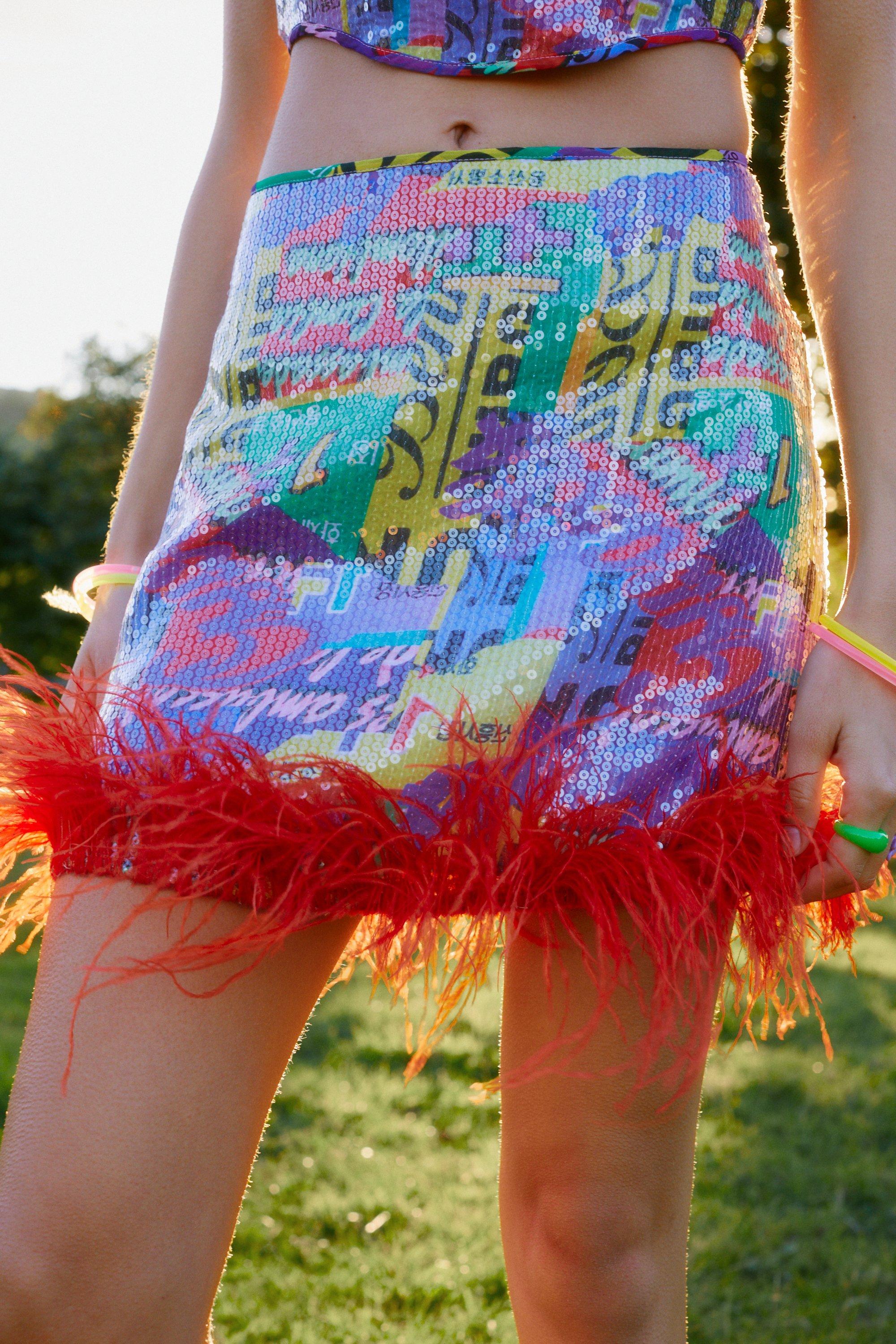 Sequin Feather Trim Mini Skirt