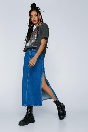 Blue Side Split Denim Maxi Skirt