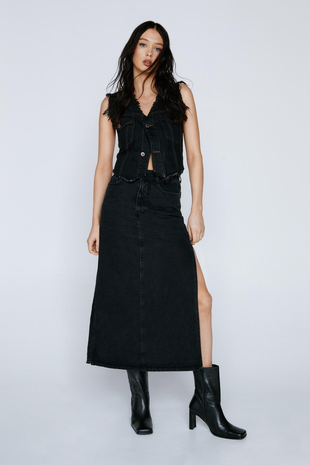 Washed black Side Split Denim Maxi Skirt image number 1