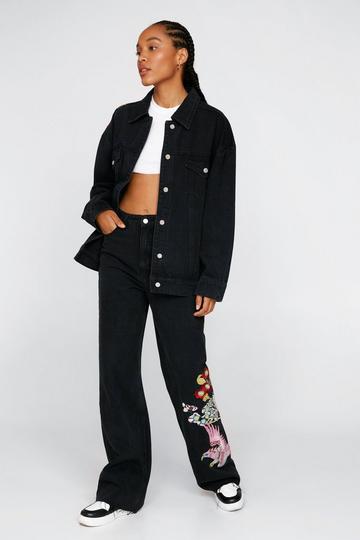 Black Embroidered Straight Leg Jeans