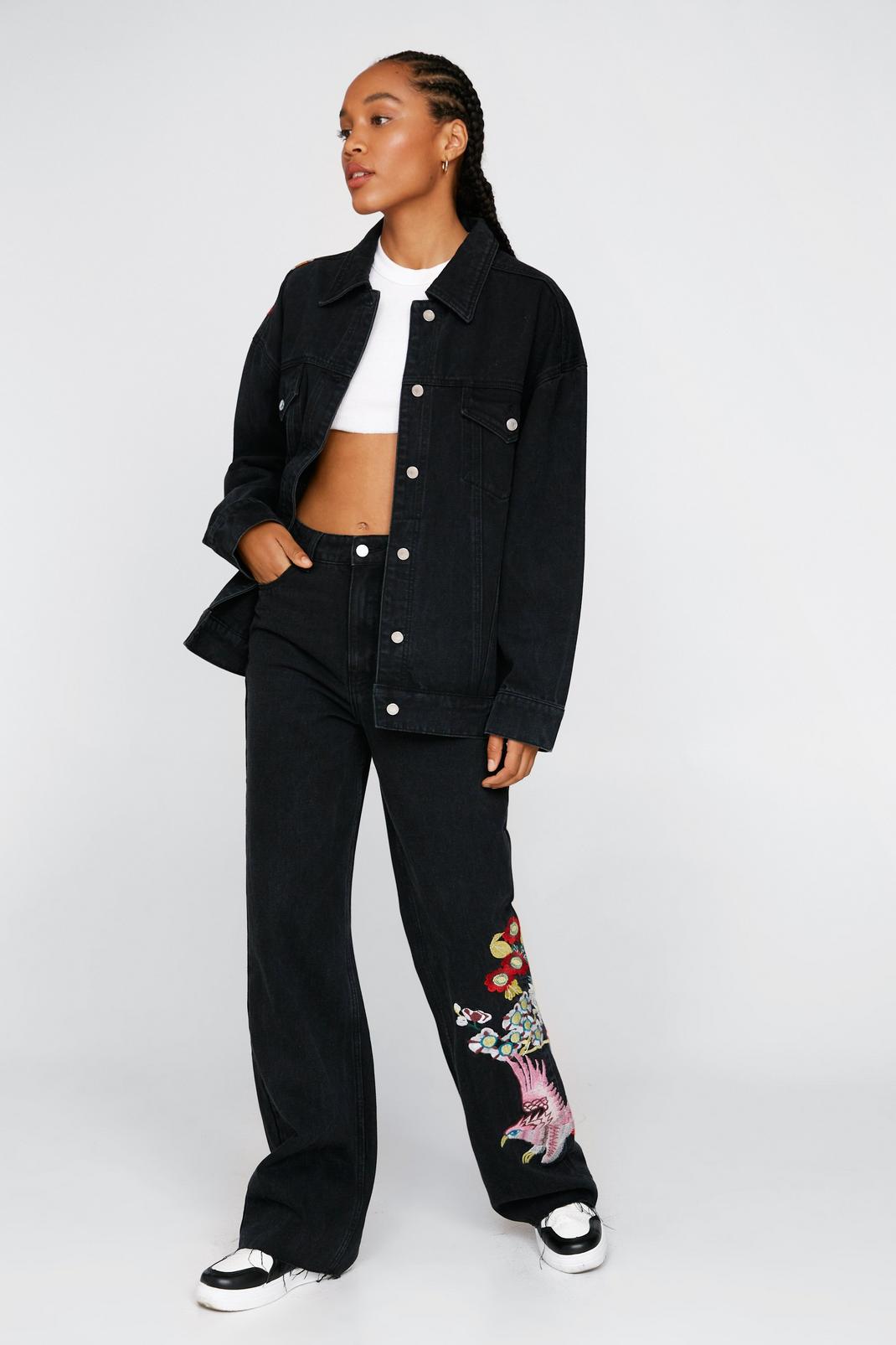 Black Embroidered Straight Leg Jeans image number 1