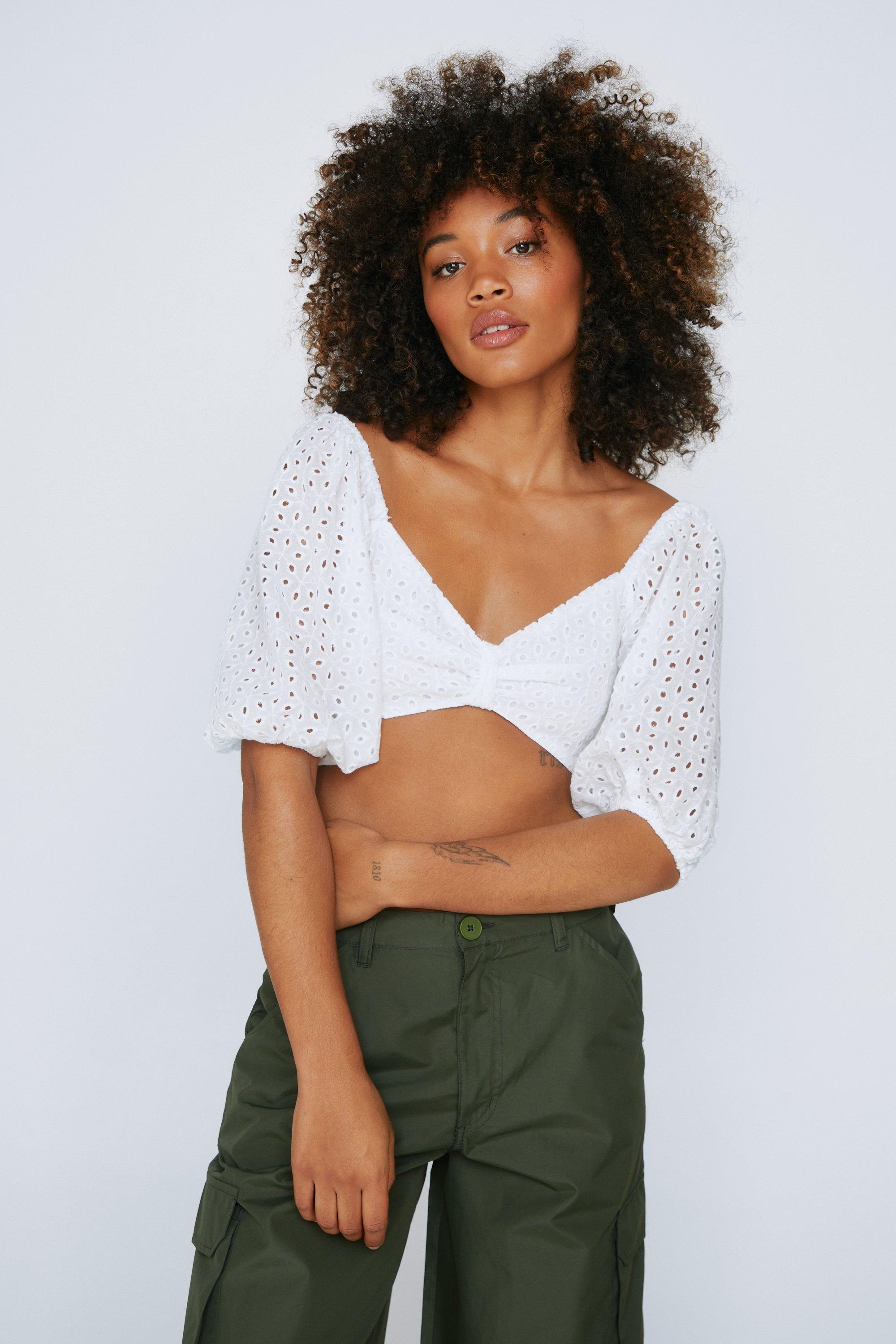 Broderie Anglaise Puff Sleeve Crop Top Nasty Gal
