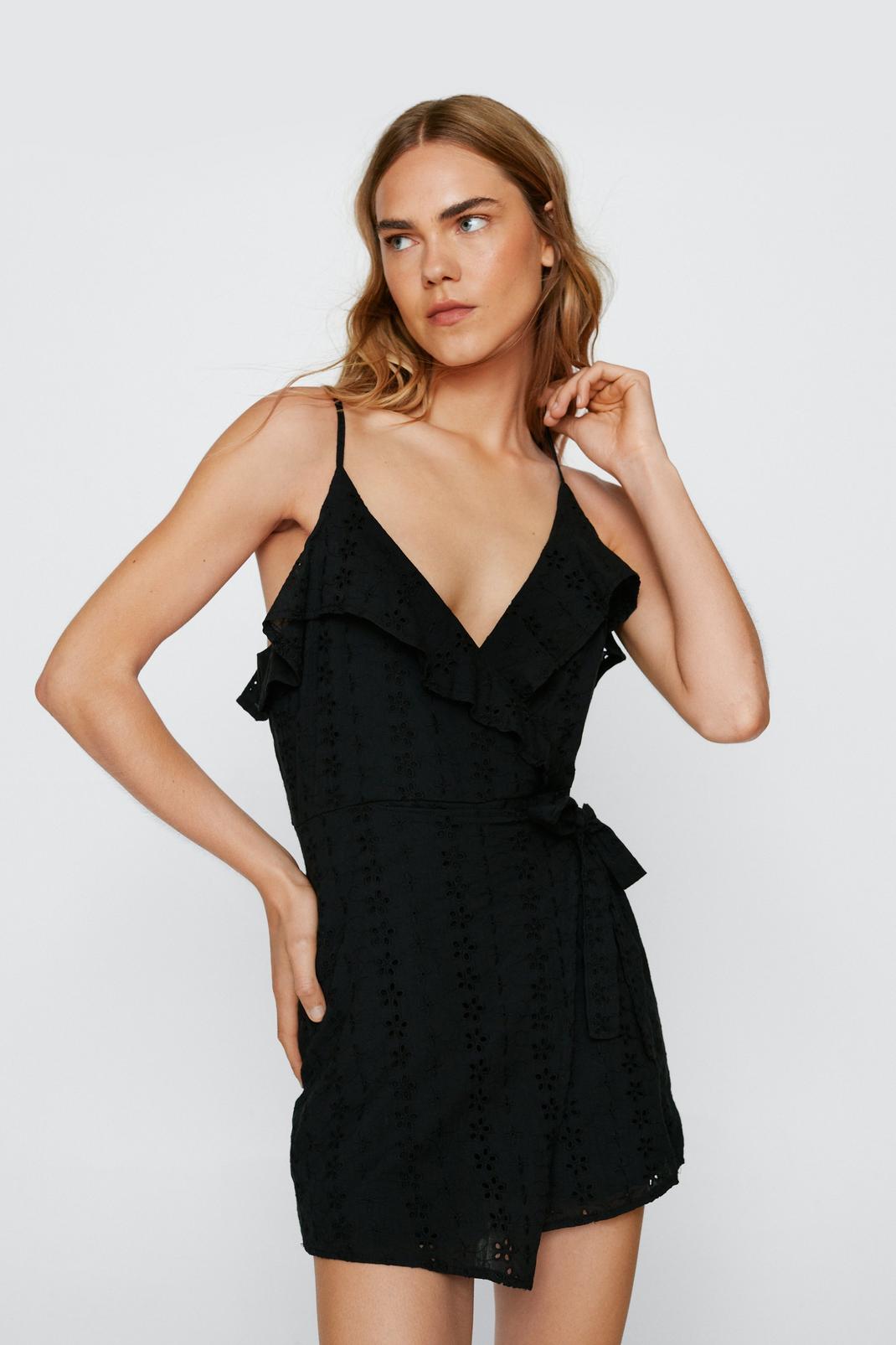 Black Broderie Ruffle Wrap Playsuit image number 1