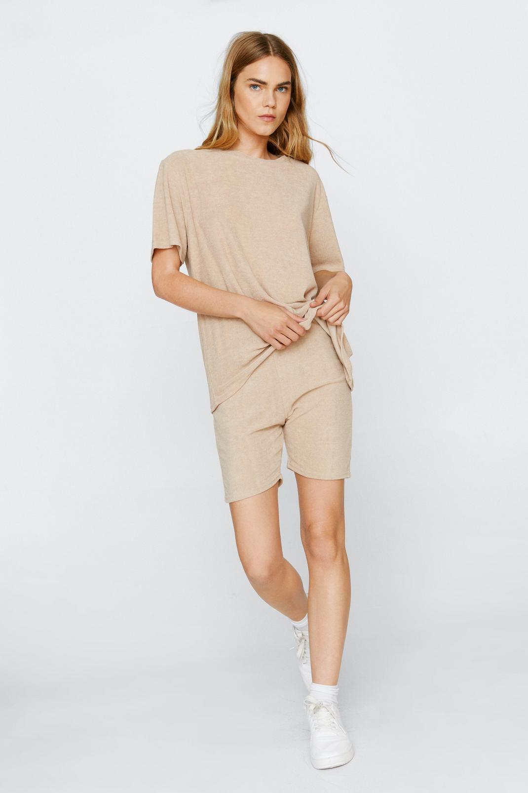 Beige Towelling Crew Neck Top and Shorts Co-ord Set image number 1