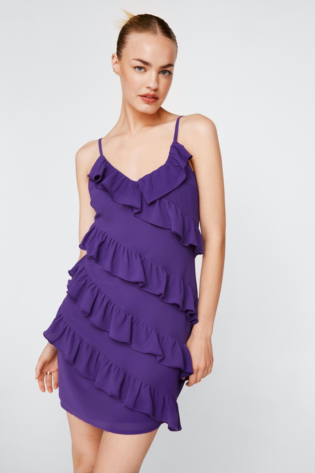 Purple Chiffon Ruffle Mini Cami Dress image number 1