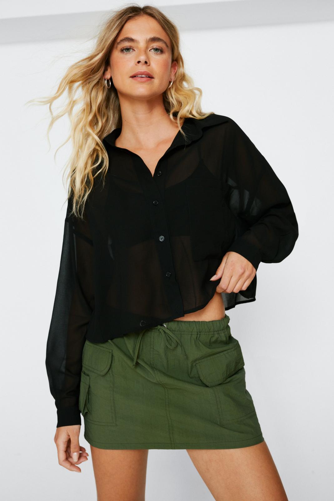 Black Chiffon Cropped Relaxed Shirt image number 1