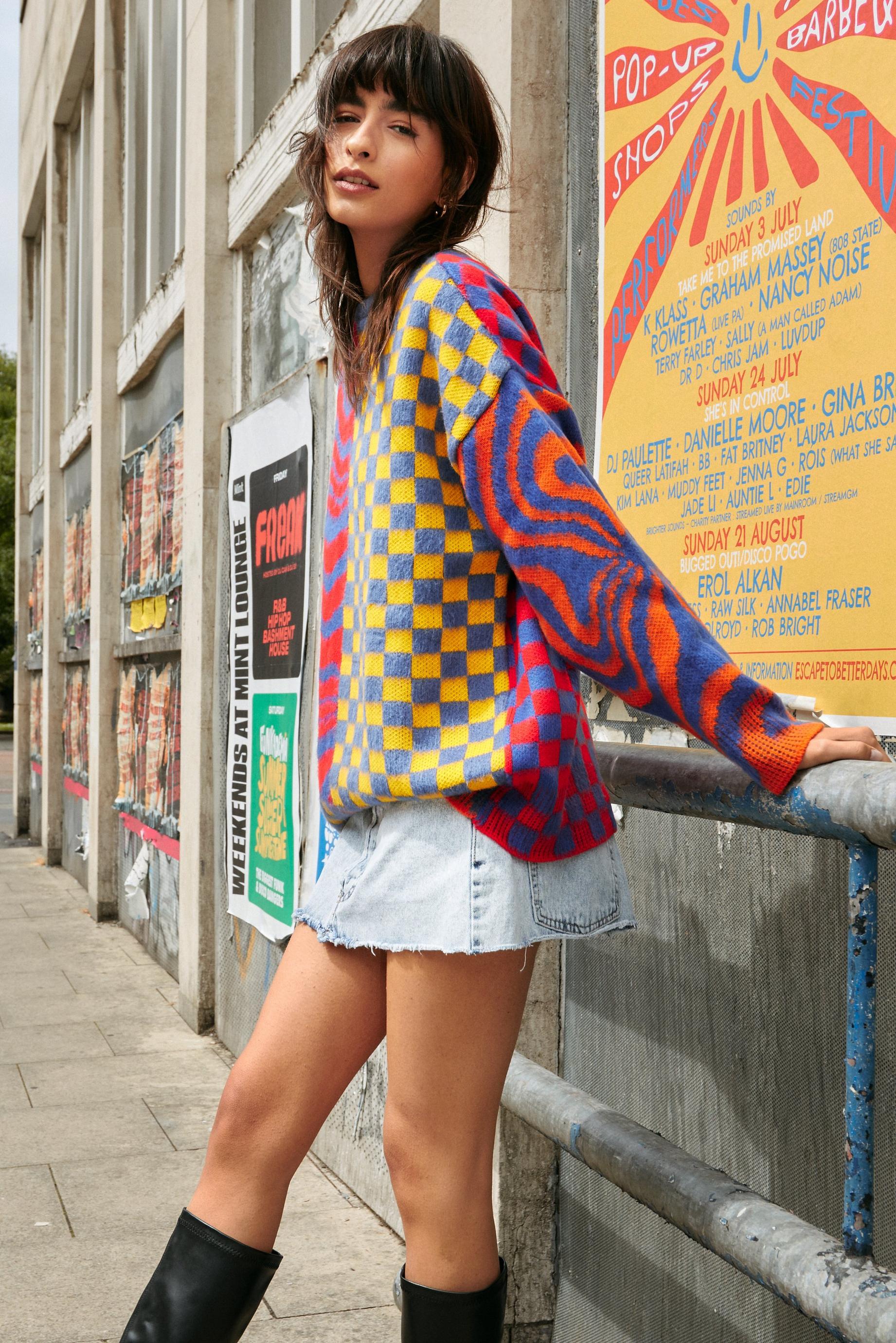 Mixed Motocross Print Oversized Knitted Sweater