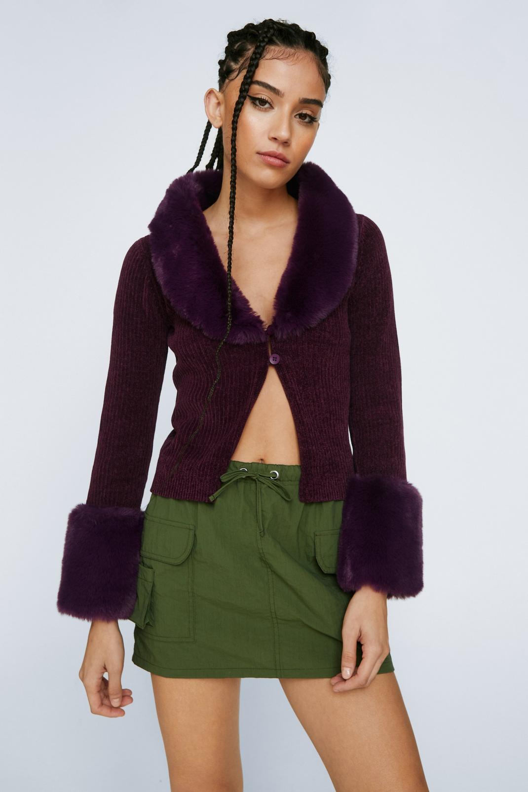 Purple Premium Faux Fur Trim And Cuff Chenille Cardigan  image number 1
