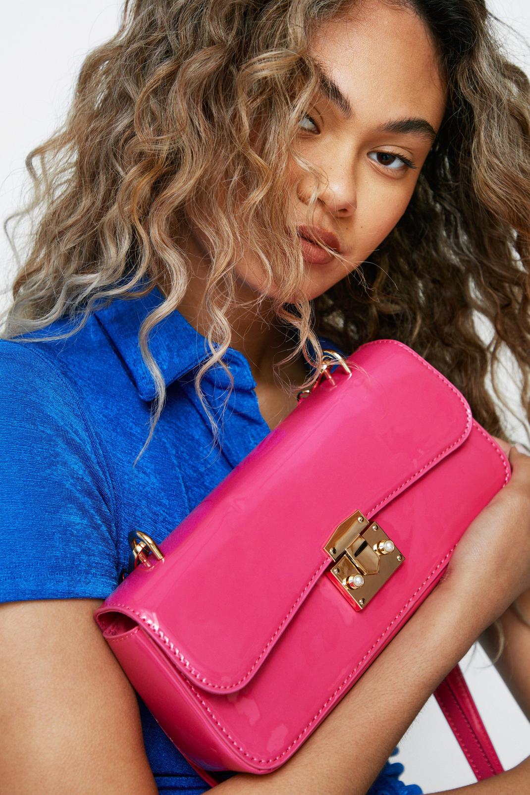 Magenta Faux Leather Buckle Cross Body Bag  image number 1