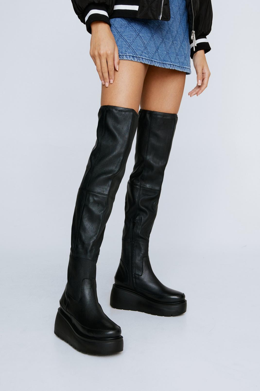 Black Premium Leather Wedge Thigh High Boots image number 1
