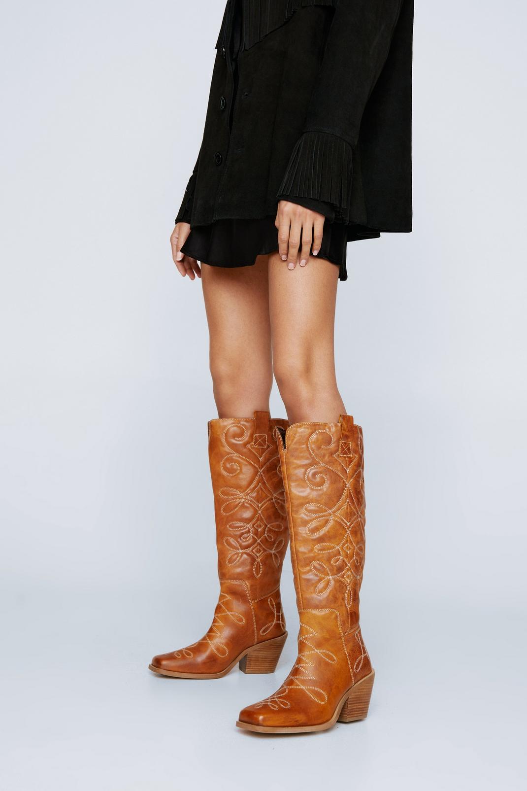 Tan Leather Knee High Square Toe Cowboy Boot image number 1