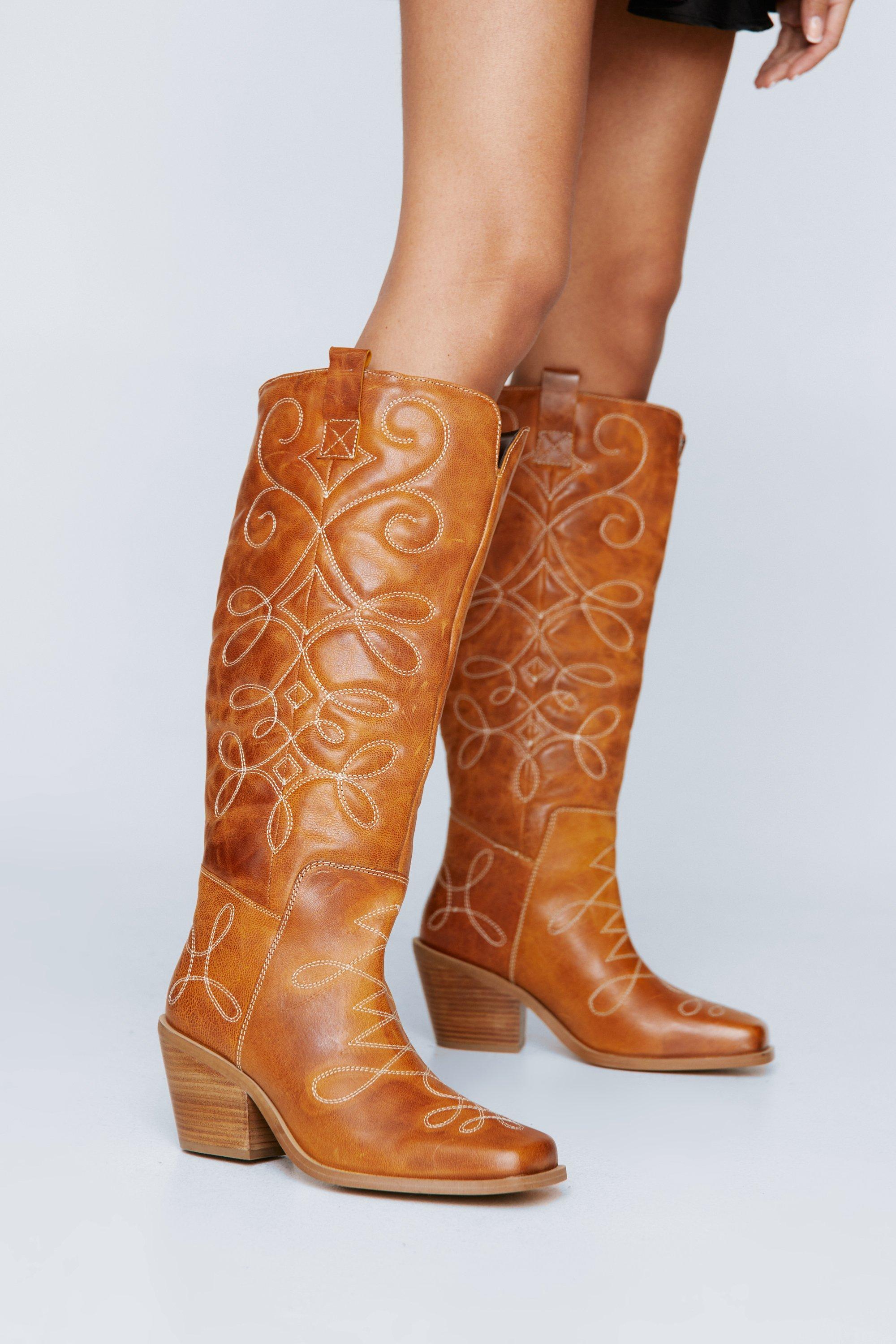 Leather Knee High Square Toe Cowboy Boot