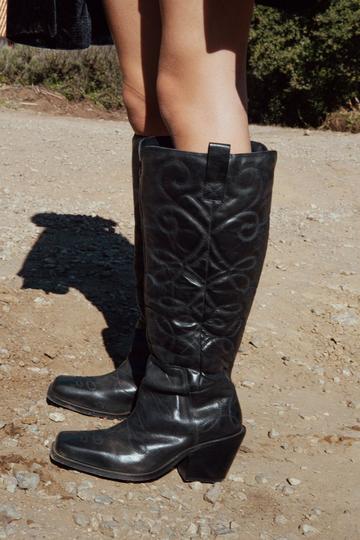 Black Leather Knee High Square Toe Cowboy Boots