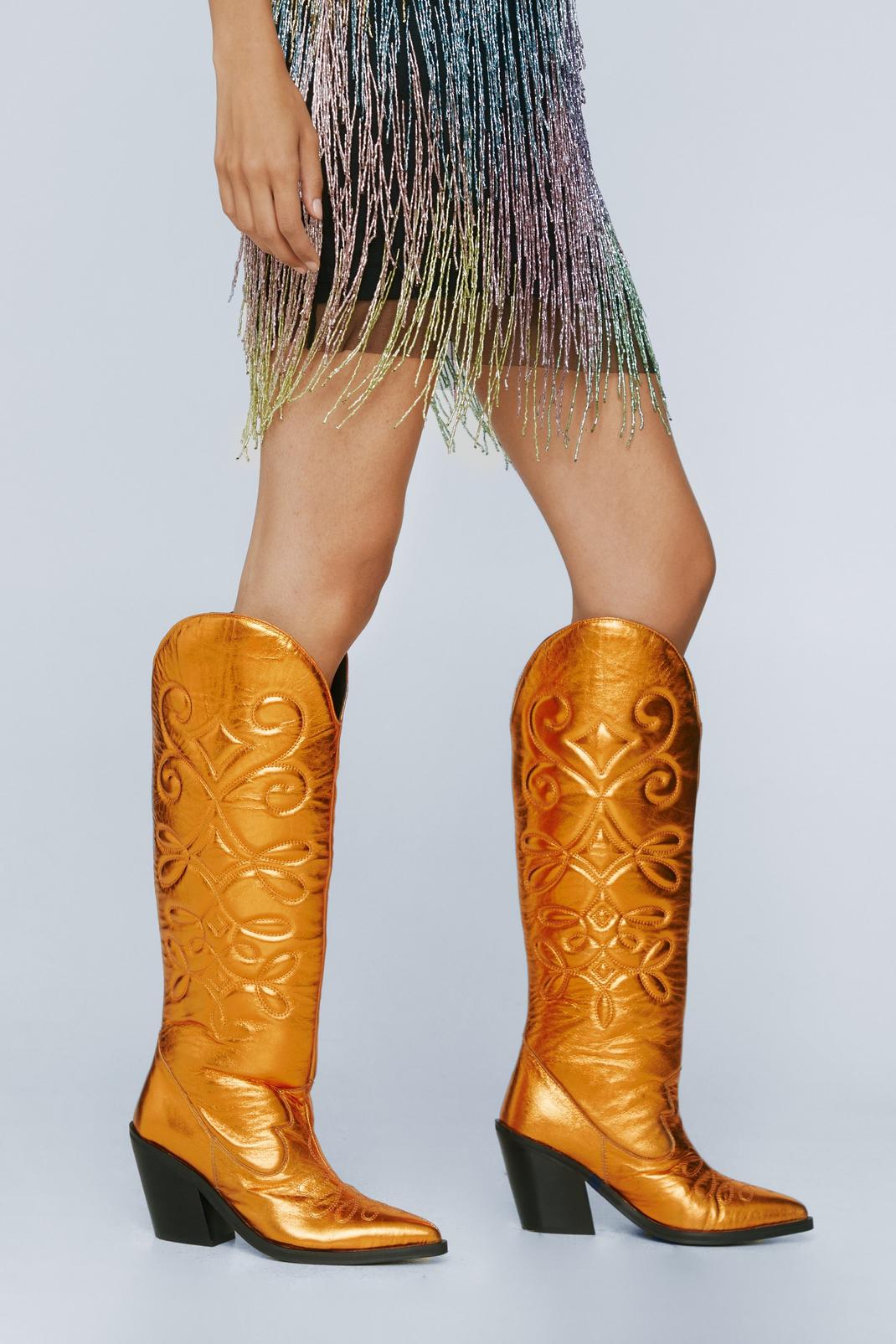 Knee High Metallic Leather Cowboy Boots  image number 1