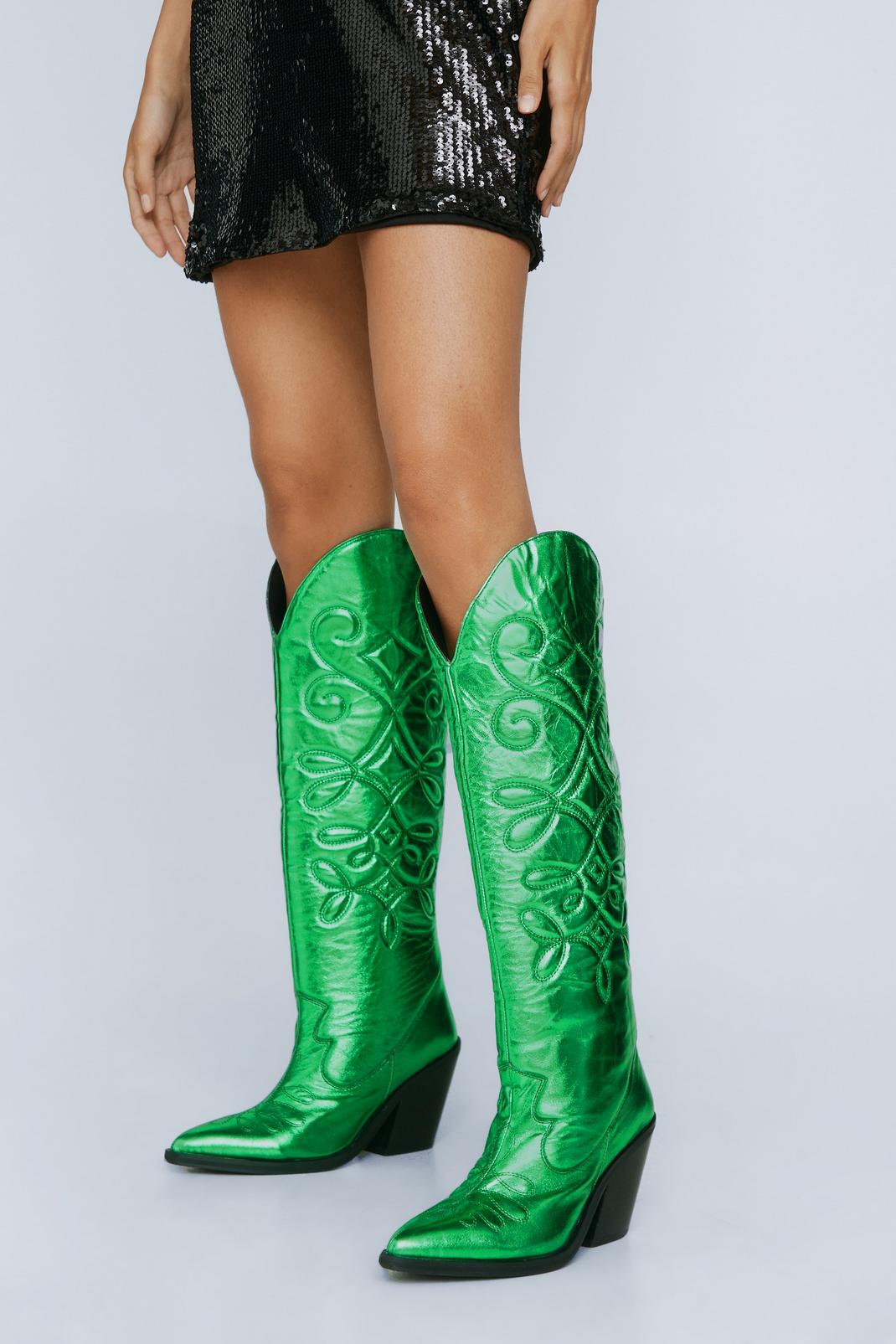Metallic Leather Knee High Cowboy Boots image number 1