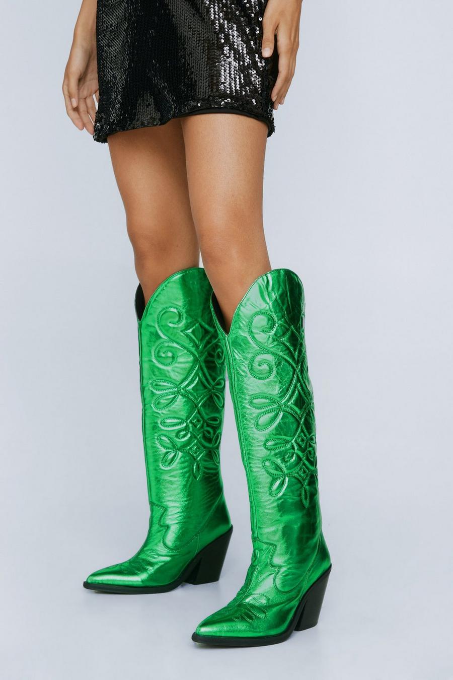 Metallic Leather Knee High Cowboy Boots