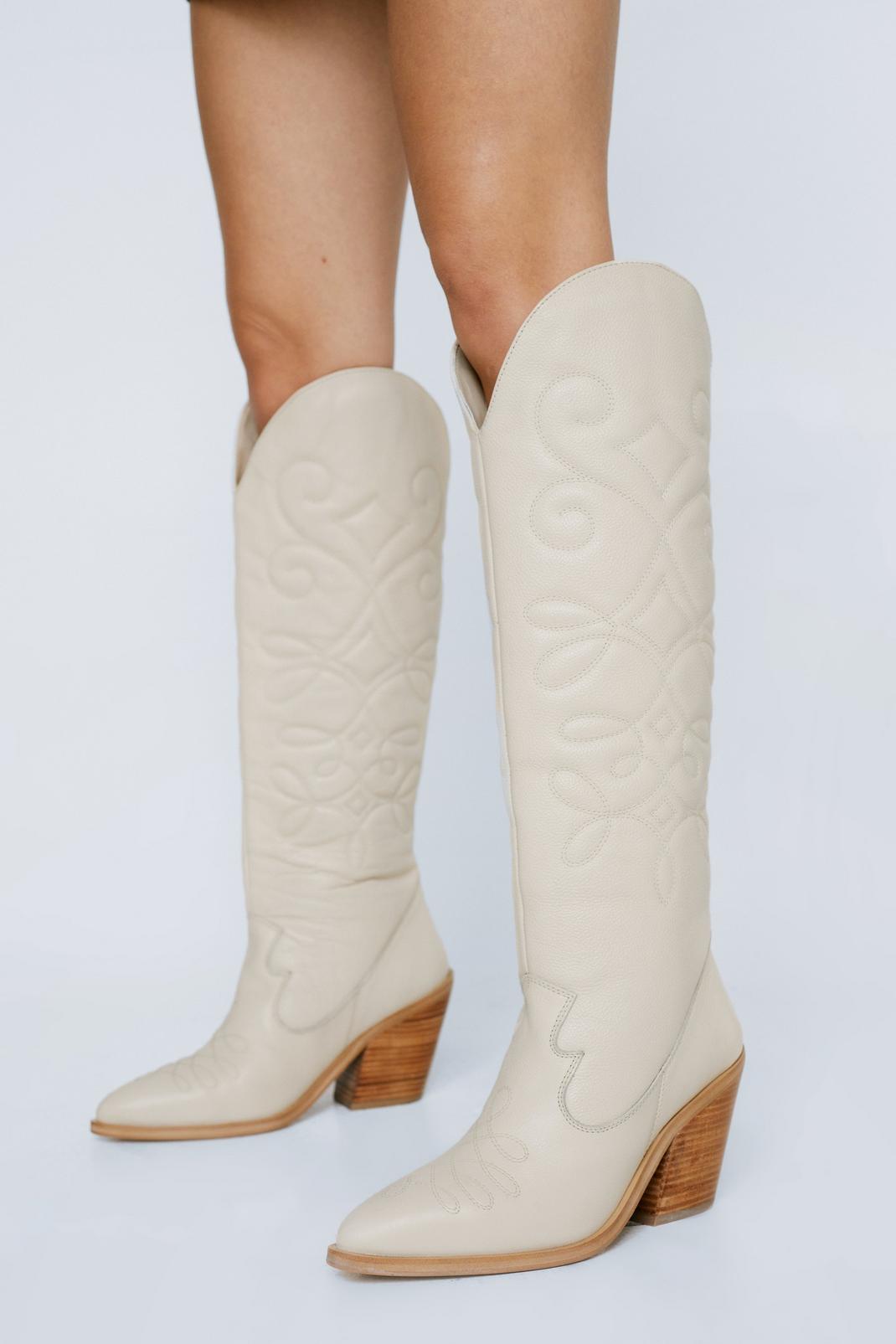 Beige Premium Leather Knee High Cowboy Boots image number 1
