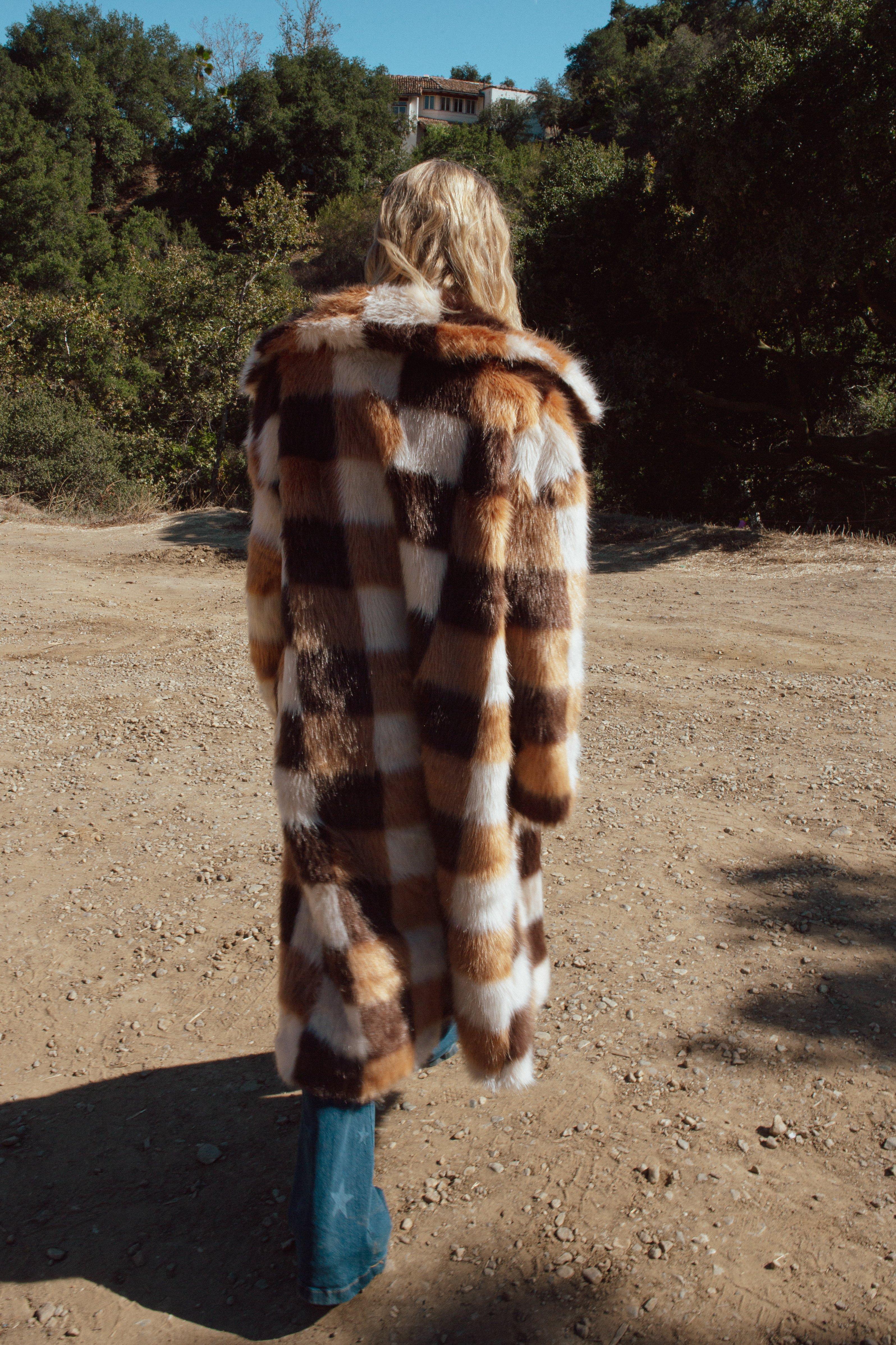 Plus Brown Check Print Faux Fur Midi Coat