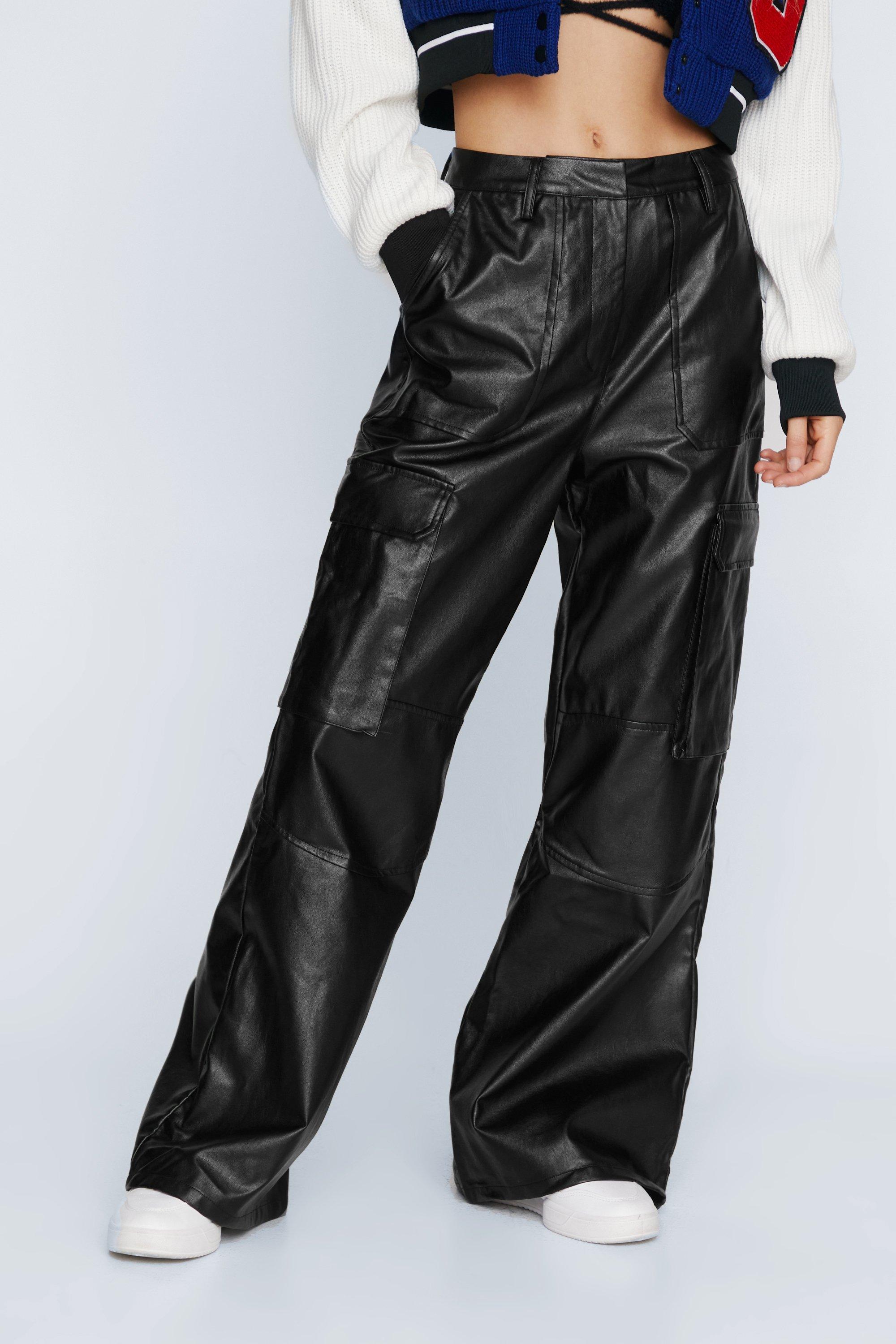 Faux Leather Wide Leg Cargo Pants