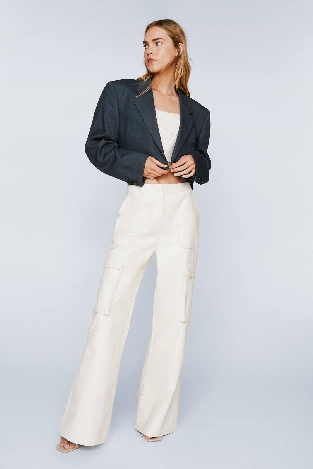 Cream Faux Leather Wide Leg Cargo Pants image number 1