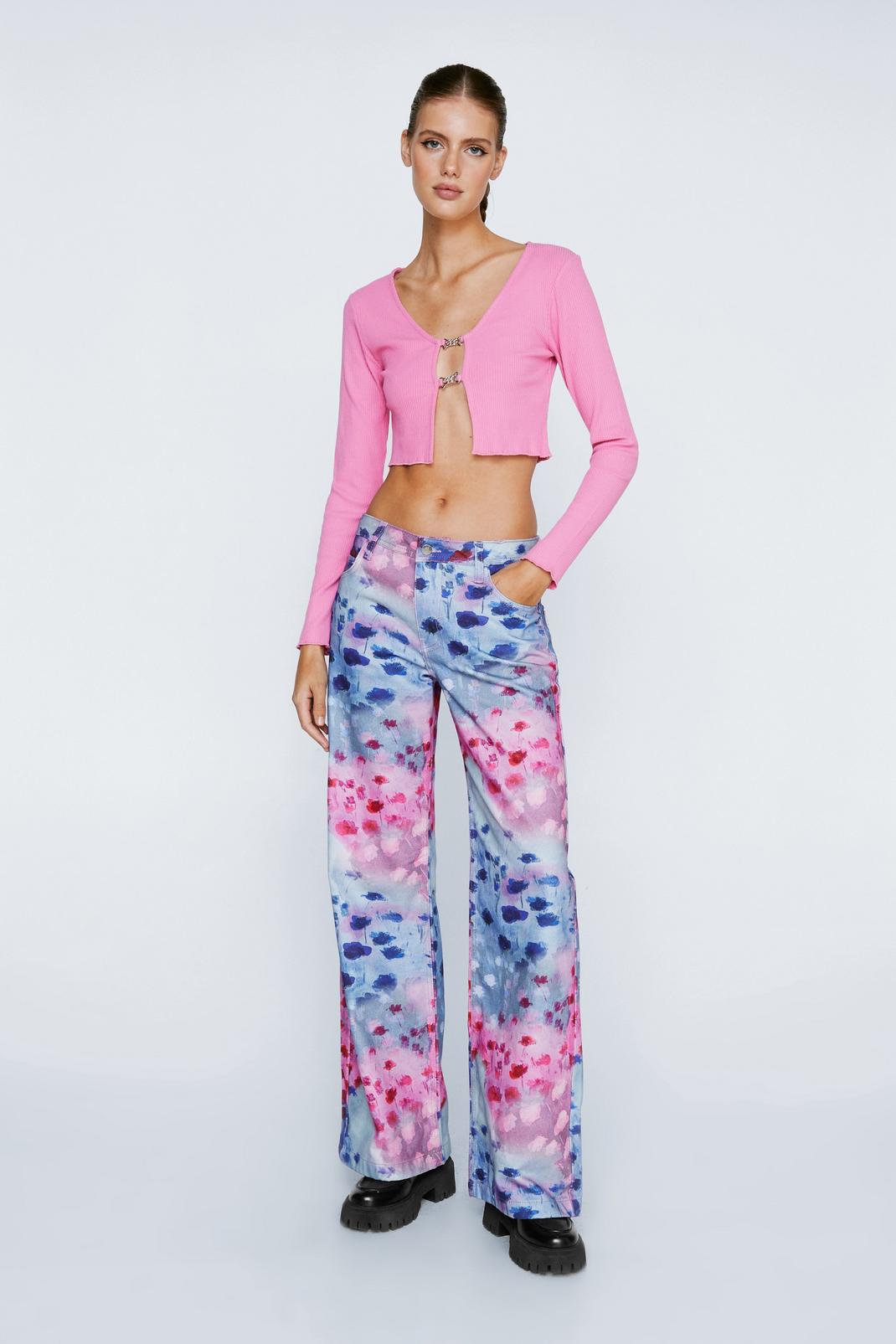 Pink Floral Print Slouchy Wide Leg Jeans image number 1