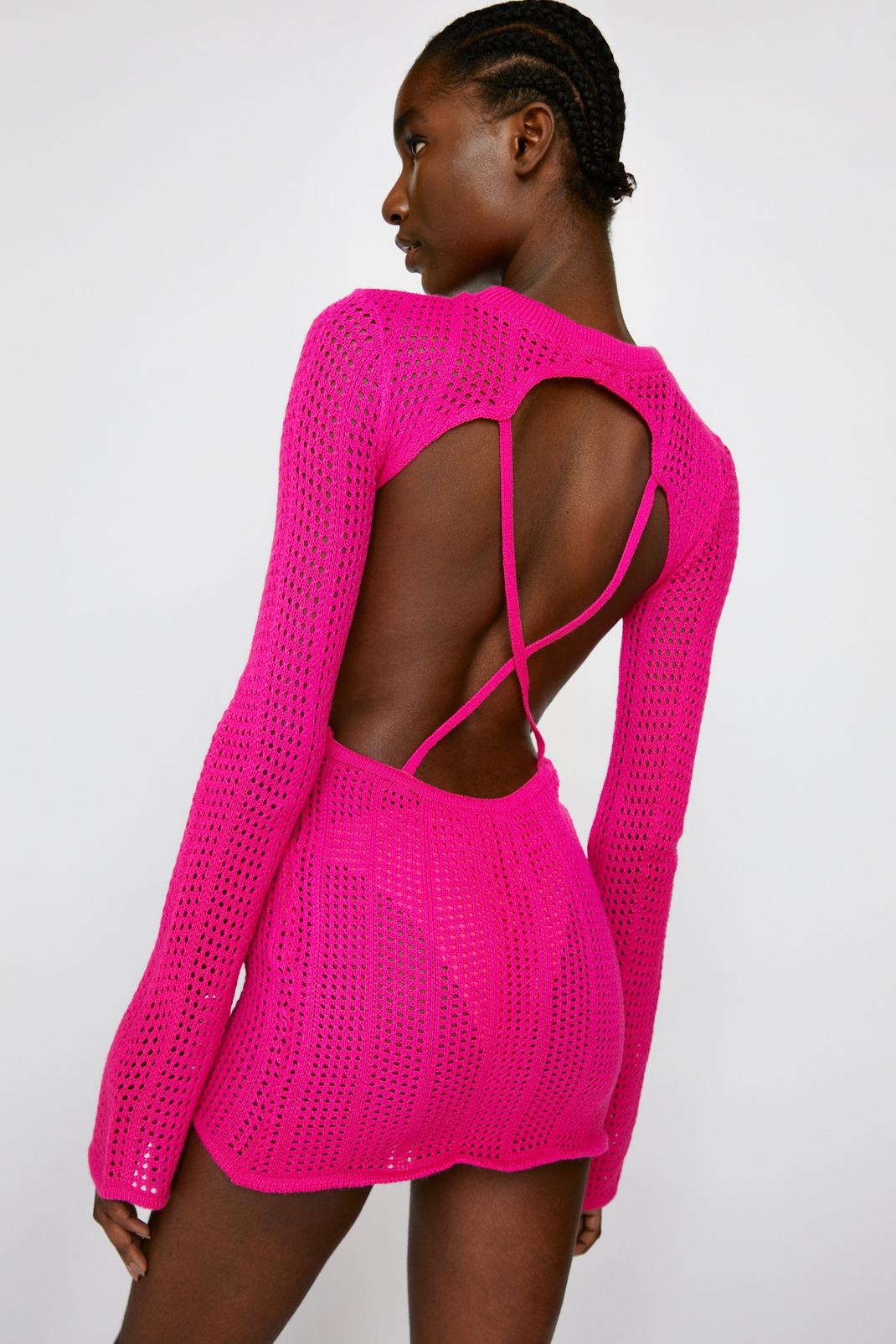 Mini robe à manches longues et dos ouvert en crochet, Pink image number 1