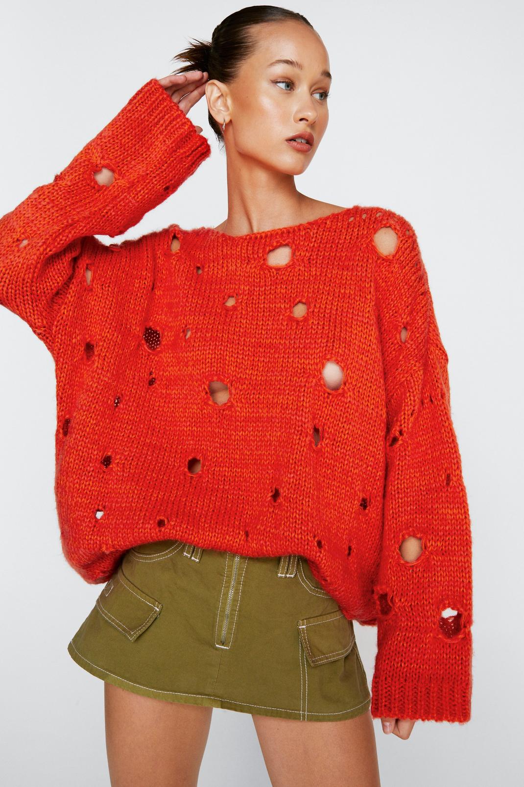 Burnt orange Slouchy Distressed Oversized Sweater image number 1