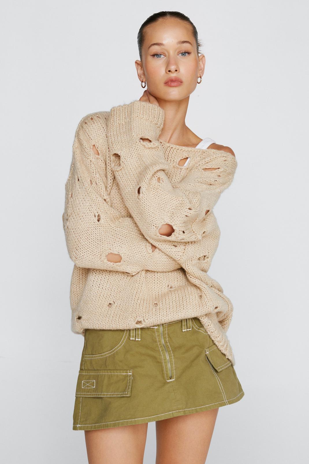 Light stone Slouchy Distressed Oversized Jumper image number 1