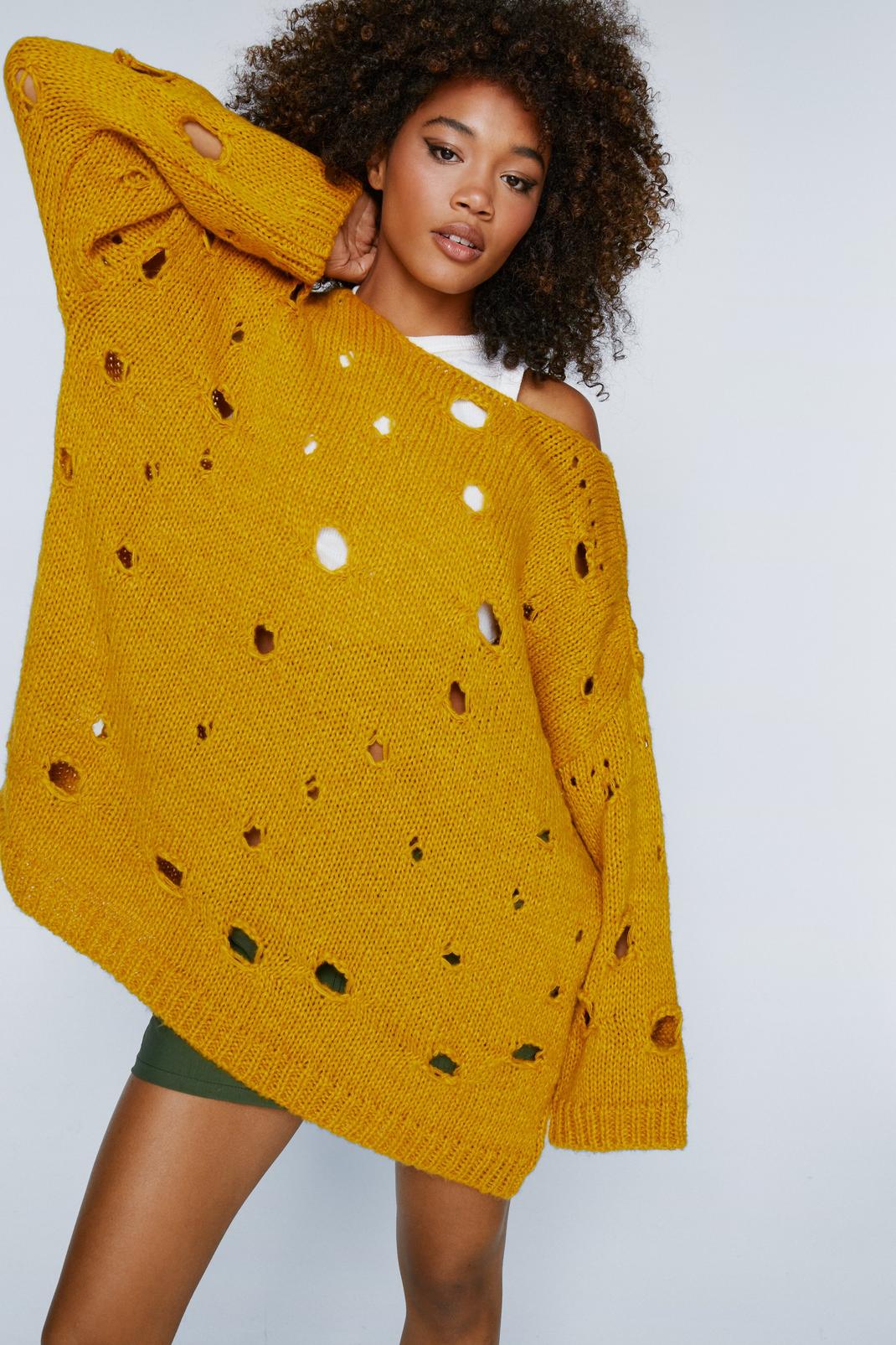 Mustard Oversized Slouchy Holey Sweater image number 1
