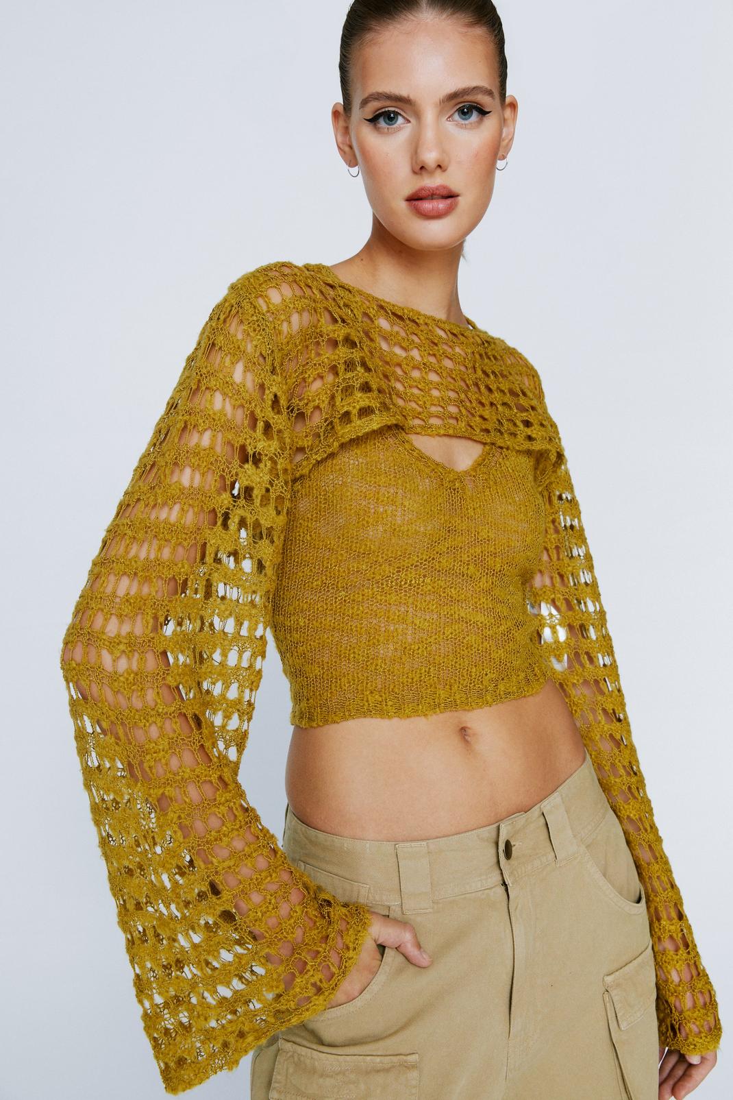 Green Extreme Crop Gauzy Knitted Jumper image number 1