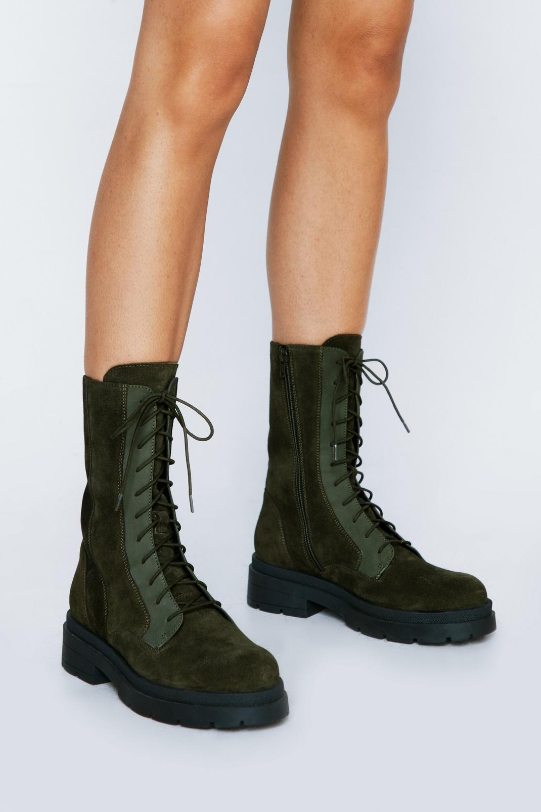 Dark green Real Suede Lace Up Biker Boot image number 1