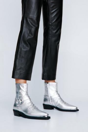 Silver Real Leather Harness Ankle Cowboy Boot