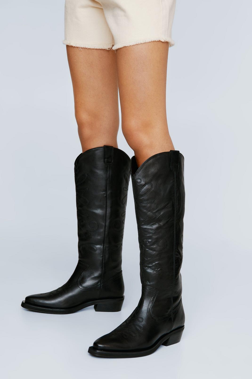 Black Real Leather Stitched Cowboy Boots image number 1