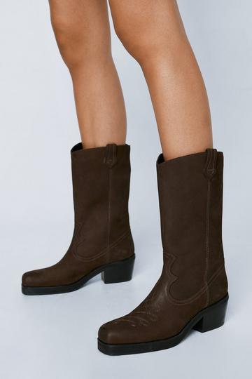 Brown Real Leather Square Toe Western Boot