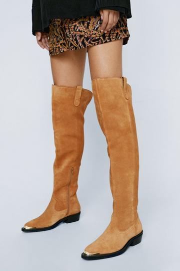 Real Suede Thigh High Metal Western Boot tan