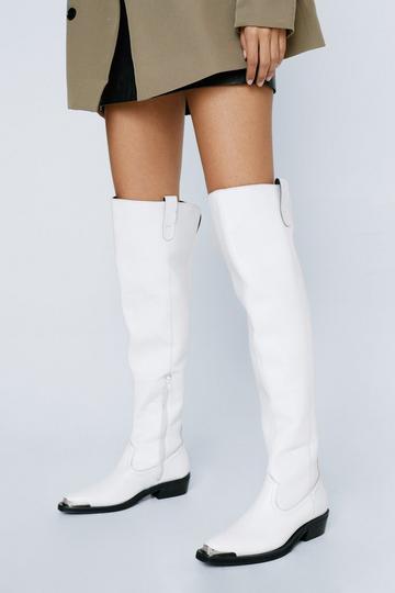 White Real Leather Thigh High Metal Western Boot