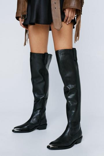 Black Real Leather Thigh High Metal Cowboy Boot