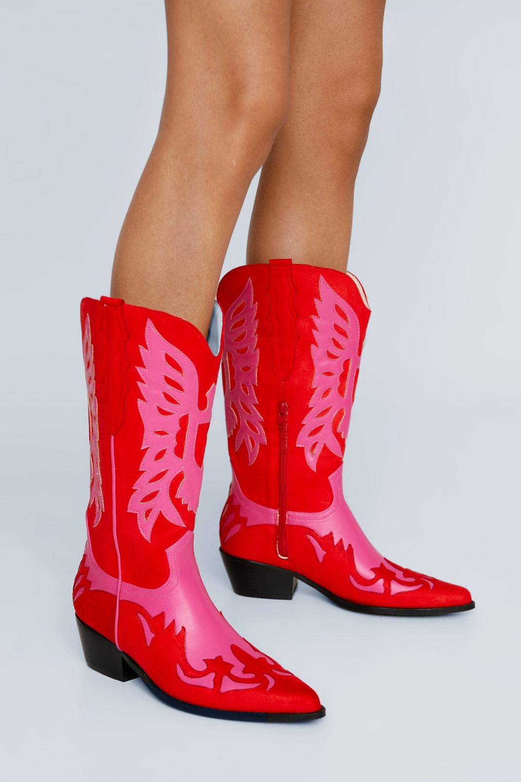 Red Faux Leather & Suede Contrast Western Boots image number 1