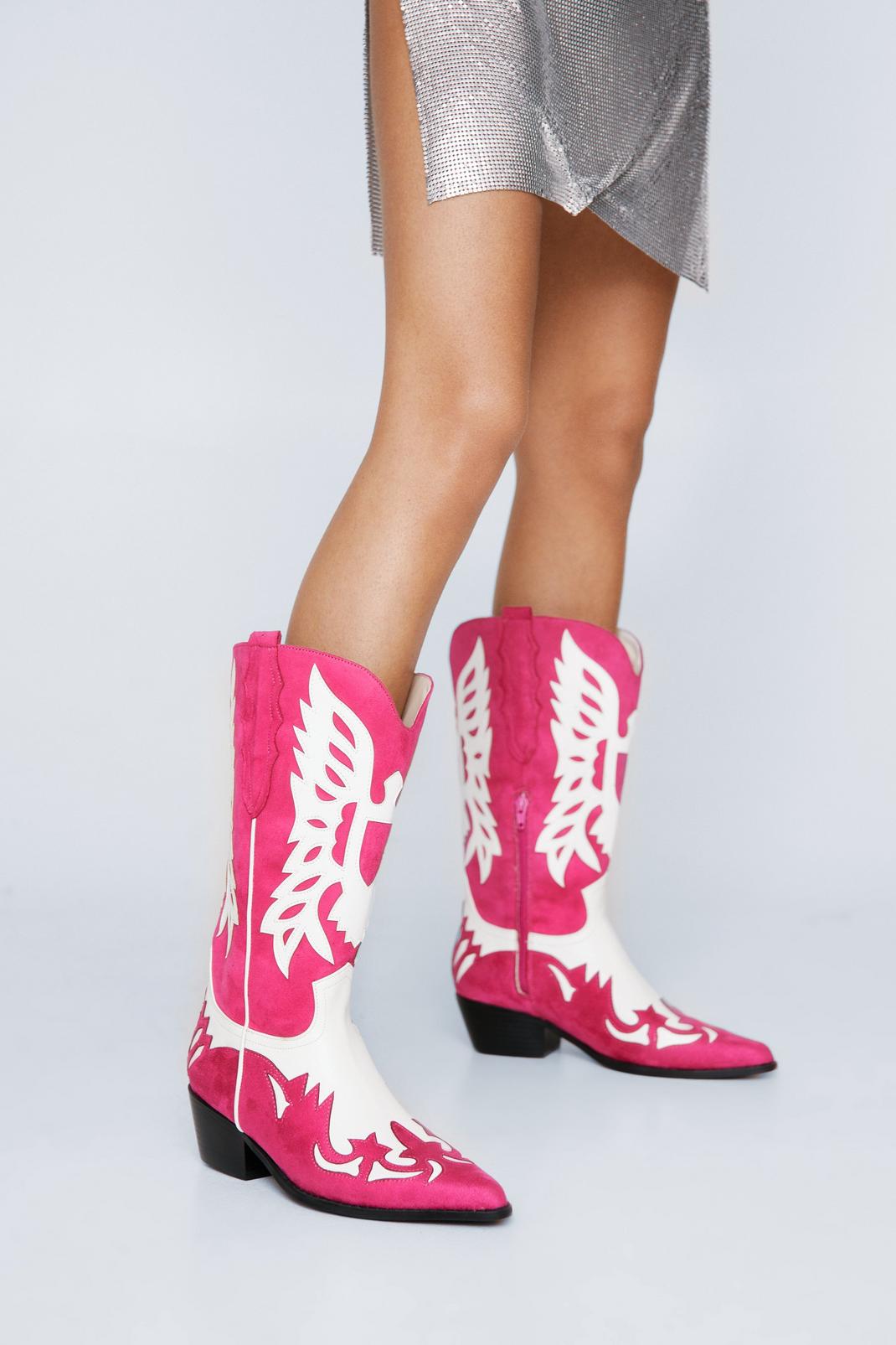 White Faux Leather Contrast Cowboy Boots image number 1