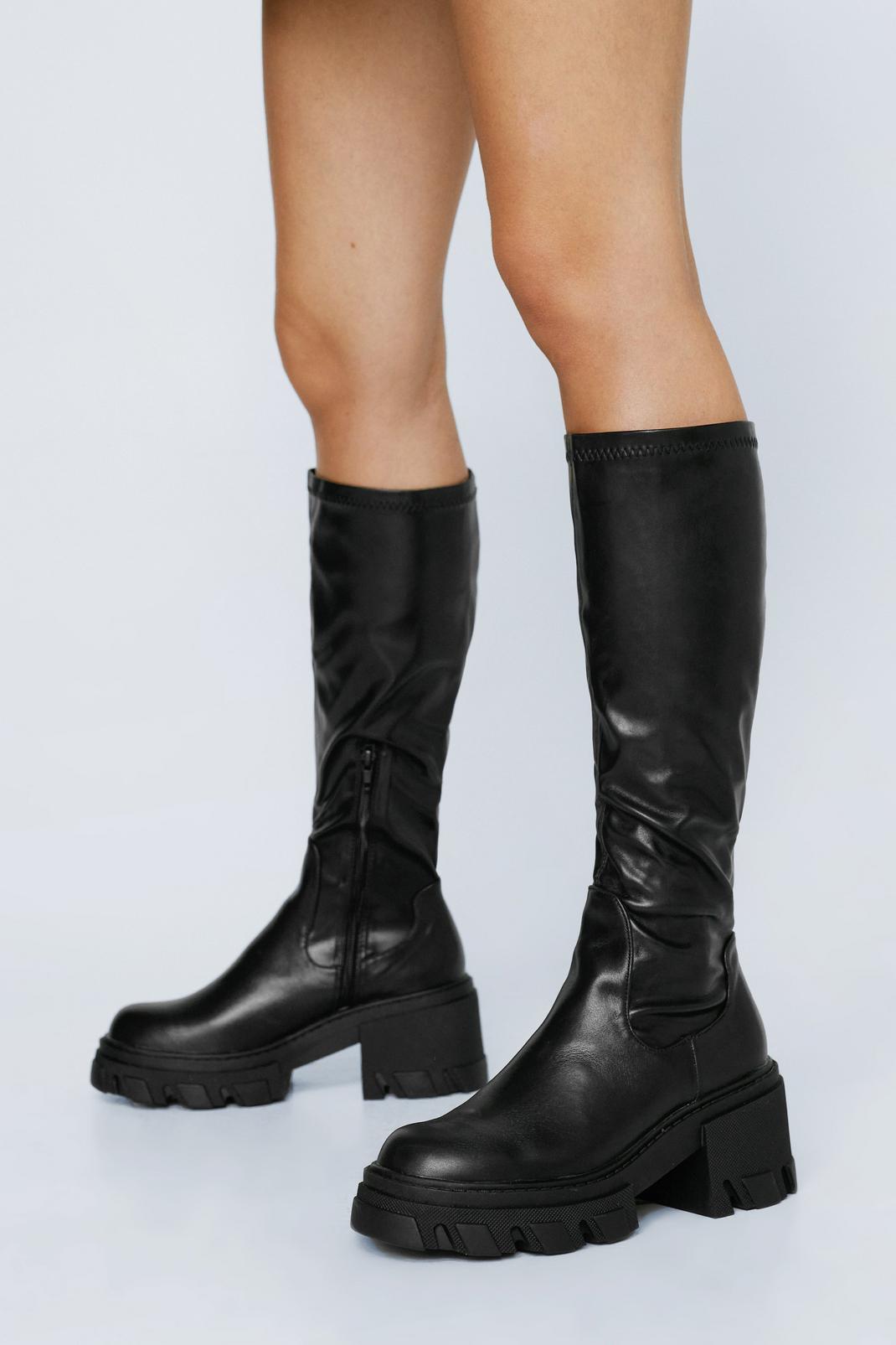 Black Faux Leather Chunky Knee High Chelsea Boots image number 1