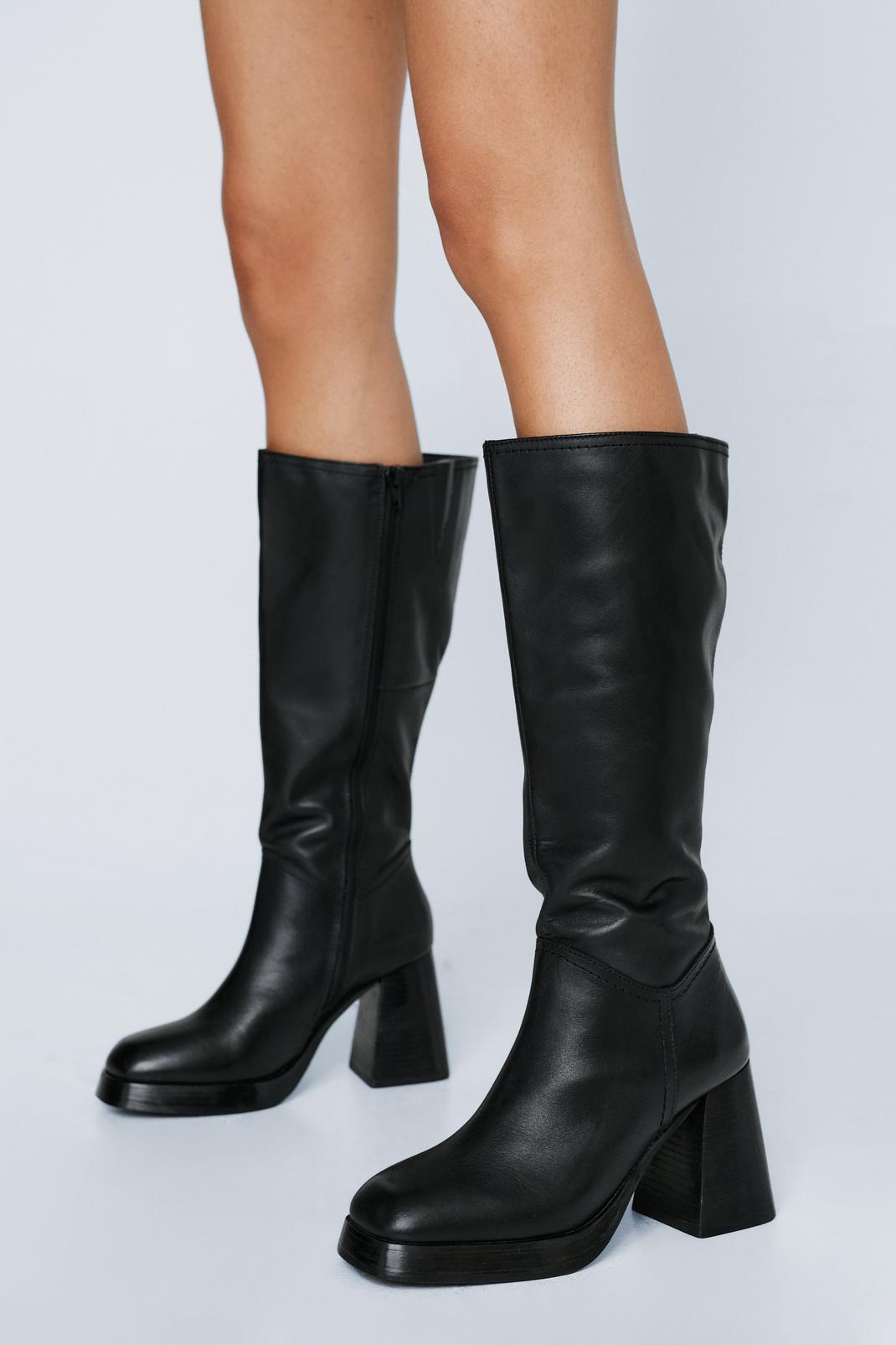 Black Premium Leather Knee High Platform Boots image number 1