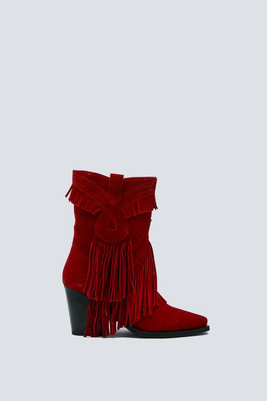 Red Premium Suede Tassel Ankle Cowboy Boots image number 1